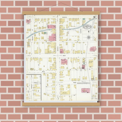 Old map wall art mockup — magnetic wood frame on brick wall — Sanborn Fire Insurance Map from East Palestine, Columbiana County, Ohio (1908), Sheet #0003