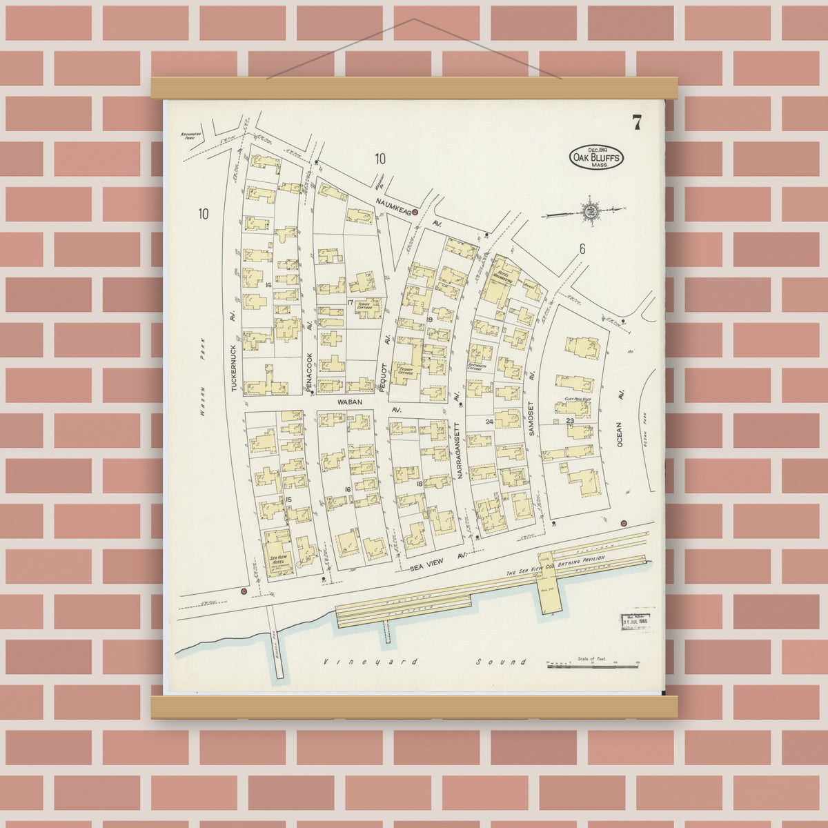 Old map wall art mockup — magnetic wood frame on brick wall — Sanborn Fire Insurance Map from Oak Bluffs, Dukes County, Massachusetts (1914), Sheet #0007