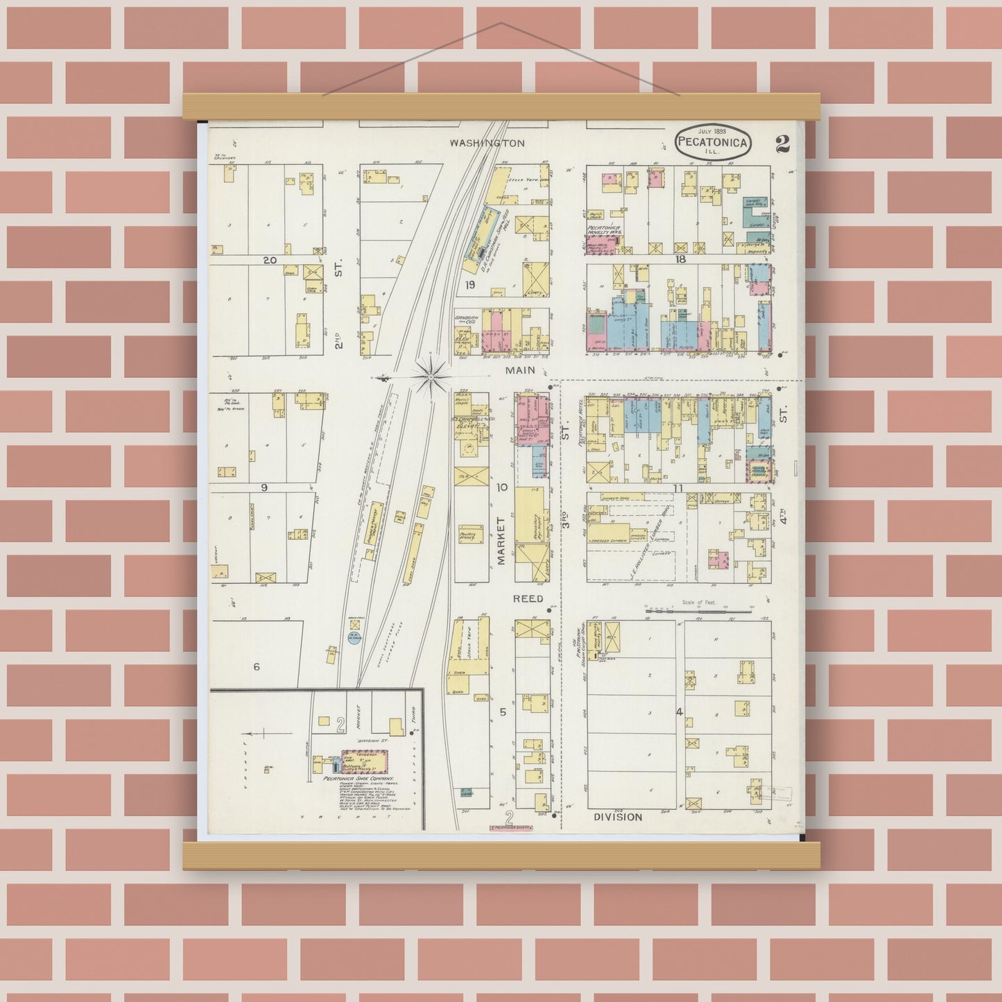 Old map wall art mockup — magnetic wood frame on brick wall — Sanborn Fire Insurance Map from Pecatonica, Winnebago County, Illinois (1893), Sheet #0002