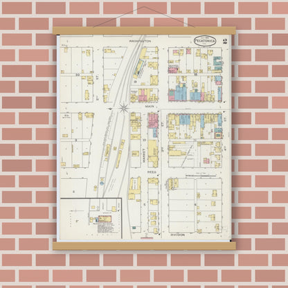 Old map wall art mockup — magnetic wood frame on brick wall — Sanborn Fire Insurance Map from Pecatonica, Winnebago County, Illinois (1893), Sheet #0002