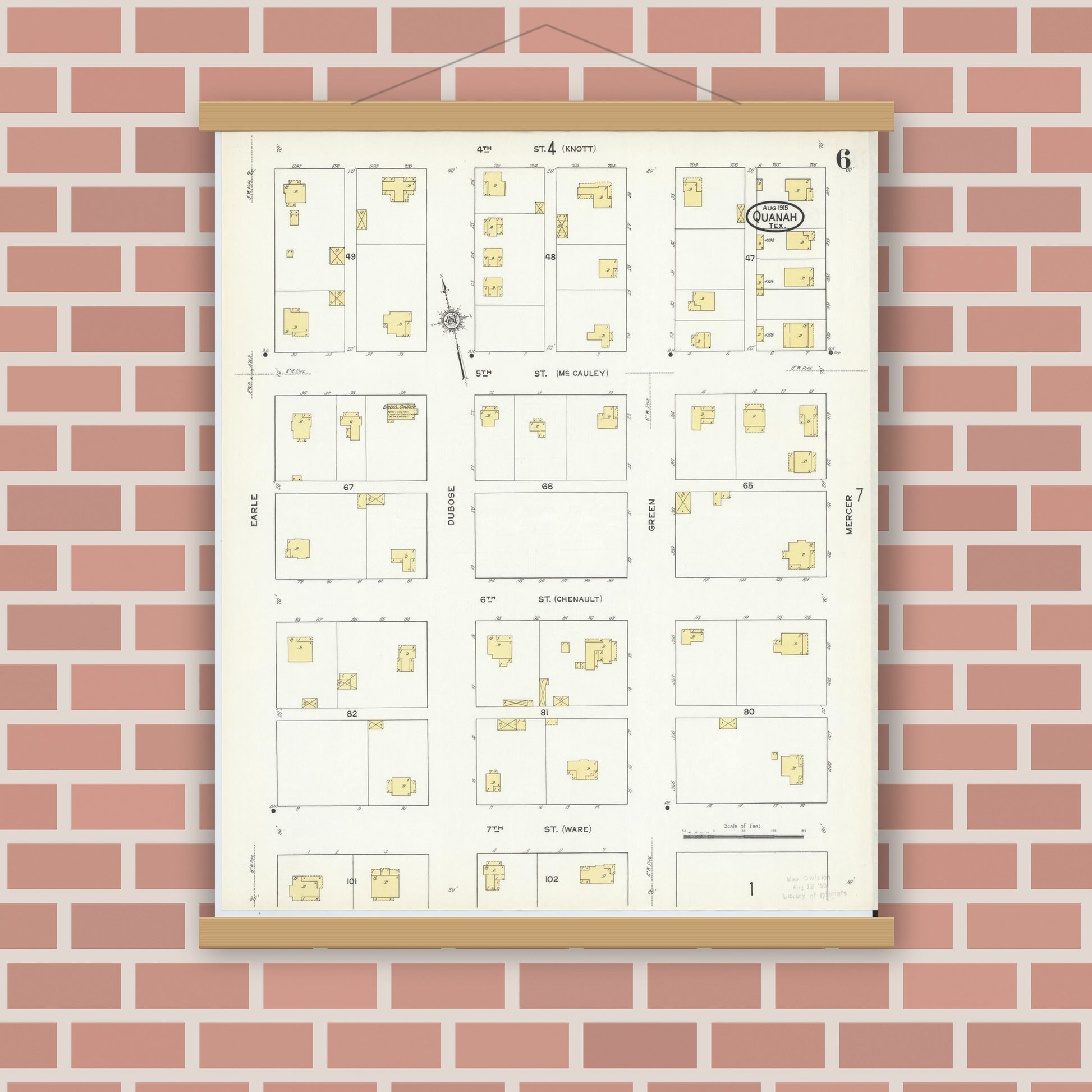 Old map wall art mockup — magnetic wood frame on brick wall — Sanborn Fire Insurance Map from Quanah, Hardeman County, Texas (1915), Sheet #0006