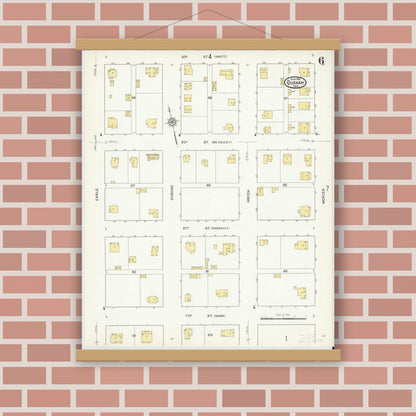 Old map wall art mockup — magnetic wood frame on brick wall — Sanborn Fire Insurance Map from Quanah, Hardeman County, Texas (1915), Sheet #0006