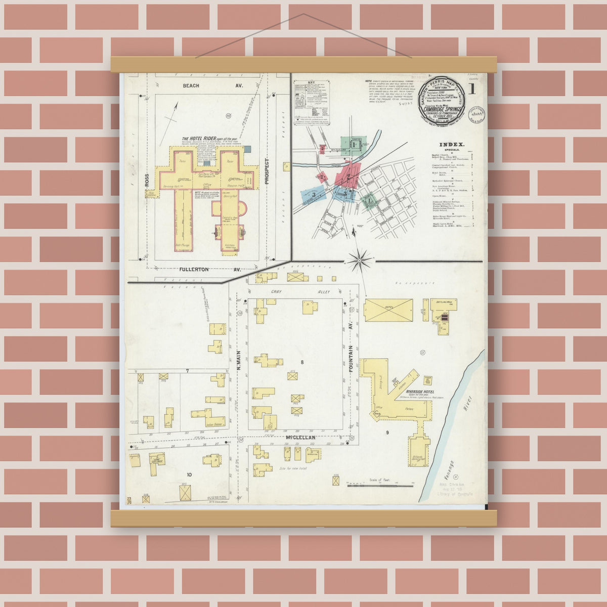 Old map wall art mockup — magnetic wood frame on brick wall — Sanborn Fire Insurance Map from Cambridge Springs, Crawford County, Pennsylvania (1899) - Complete Map Set