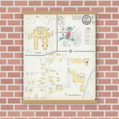 Old map wall art mockup — magnetic wood frame on brick wall — Sanborn Fire Insurance Map from Cambridge Springs, Crawford County, Pennsylvania (1899) - Complete Map Set