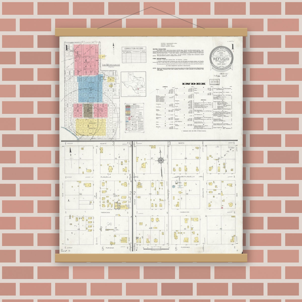 Old map wall art mockup — magnetic wood frame on brick wall — Sanborn Fire Insurance Map from Refugio, Refugio County, Texas (1935), Sheet #0001