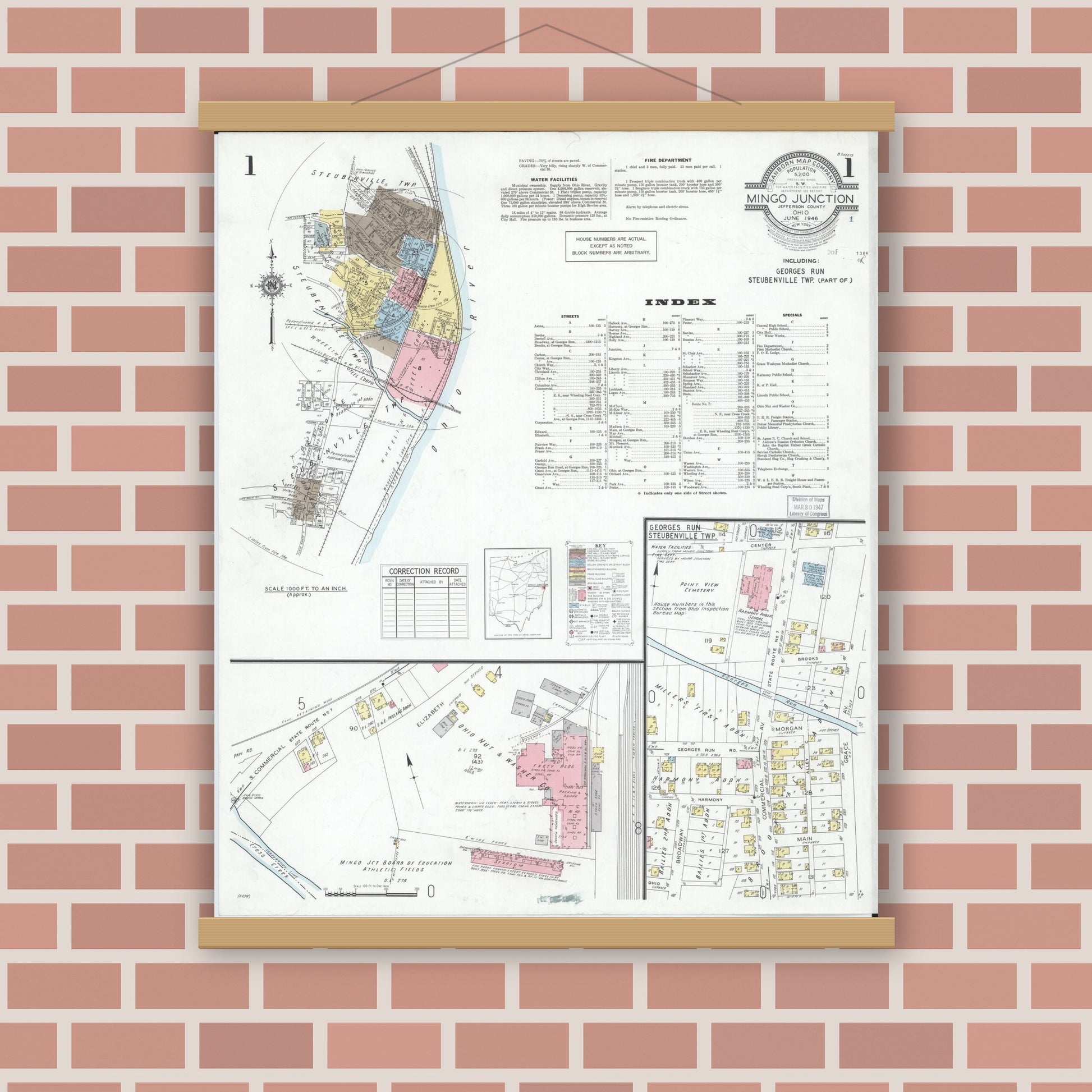 Old map wall art mockup — magnetic wood frame on brick wall — Sanborn Fire Insurance Map from Mingo Junction, Jefferson County, Ohio (1946), Sheet #0001