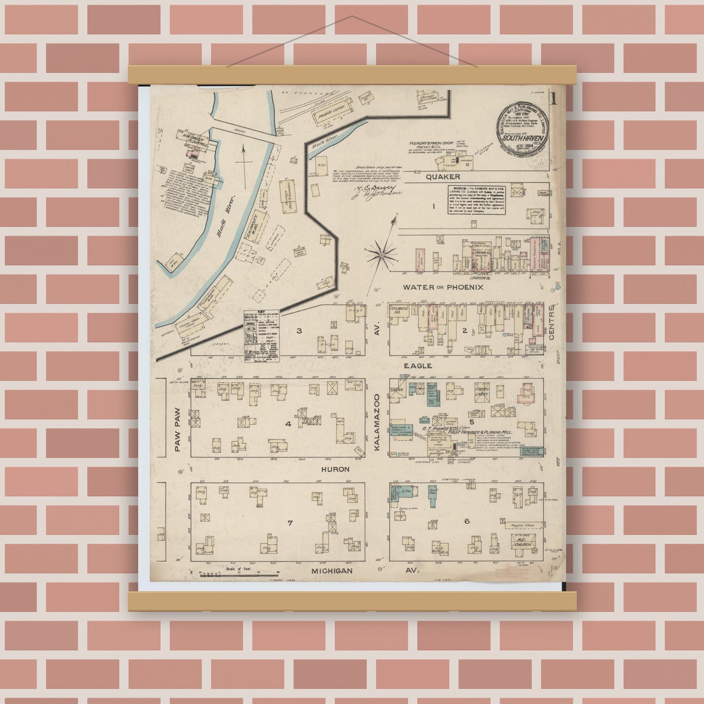 Old map wall art mockup — magnetic wood frame on brick wall — Sanborn Fire Insurance Map from South Haven, Van Buren County, Michigan (1884), Sheet #0001