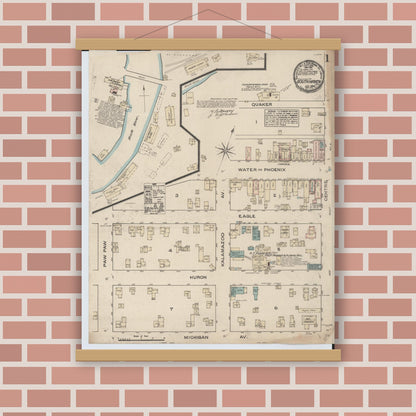 Old map wall art mockup — magnetic wood frame on brick wall — Sanborn Fire Insurance Map from South Haven, Van Buren County, Michigan (1884), Sheet #0001