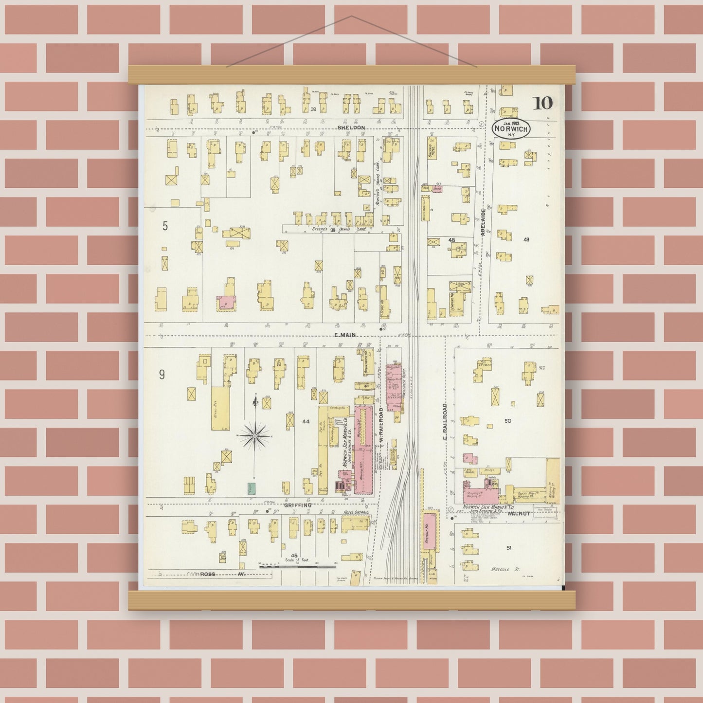 Old map wall art mockup — magnetic wood frame on brick wall — Sanborn Fire Insurance Map from Norwich, Chenango County, New York (1903), Sheet #0010