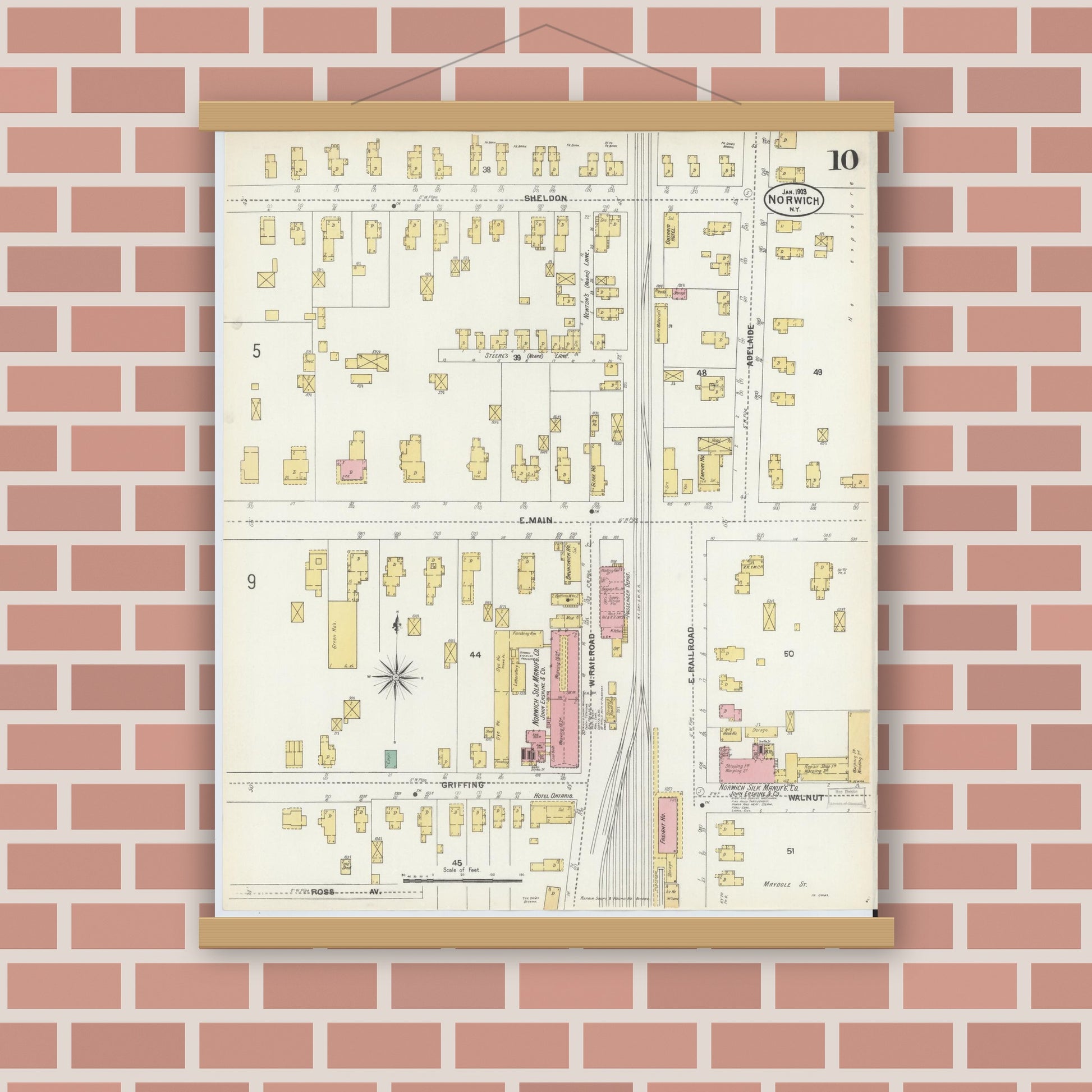 Old map wall art mockup — magnetic wood frame on brick wall — Sanborn Fire Insurance Map from Norwich, Chenango County, New York (1903), Sheet #0010