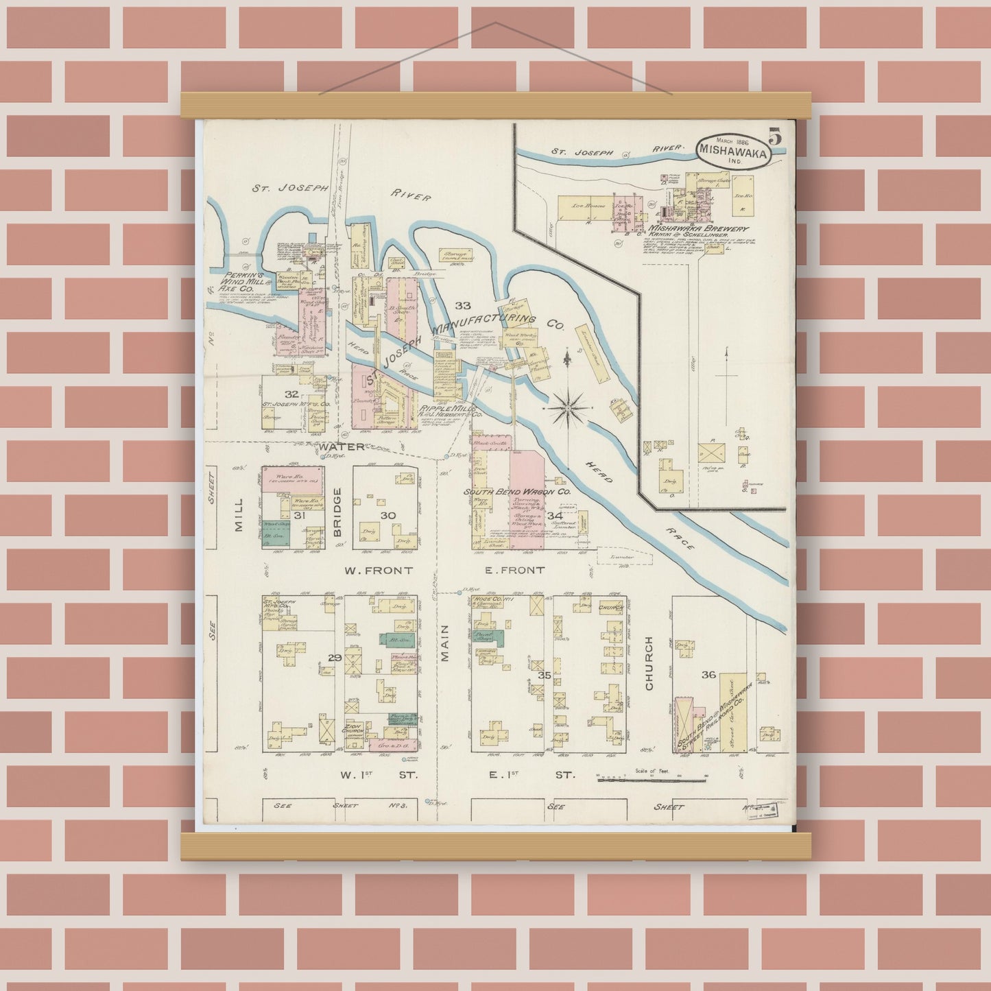 Old map wall art mockup — magnetic wood frame on brick wall — Sanborn Fire Insurance Map from Mishawaka, Saint Joseph County, Indiana (1886), Sheet #0005