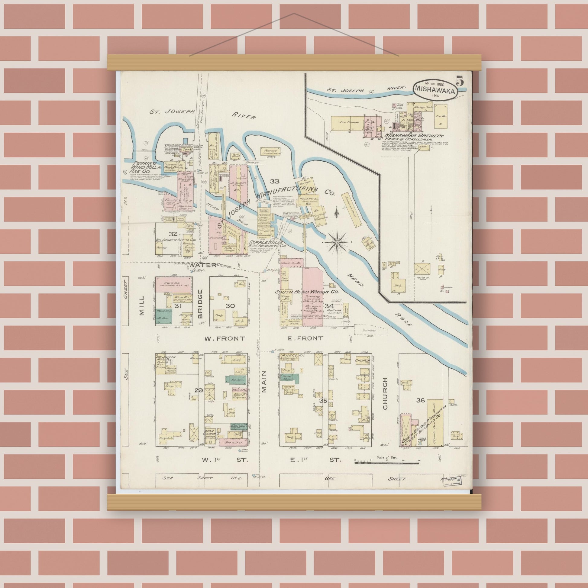 Old map wall art mockup — magnetic wood frame on brick wall — Sanborn Fire Insurance Map from Mishawaka, Saint Joseph County, Indiana (1886), Sheet #0005
