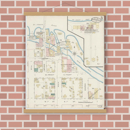 Old map wall art mockup — magnetic wood frame on brick wall — Sanborn Fire Insurance Map from Mishawaka, Saint Joseph County, Indiana (1886), Sheet #0005