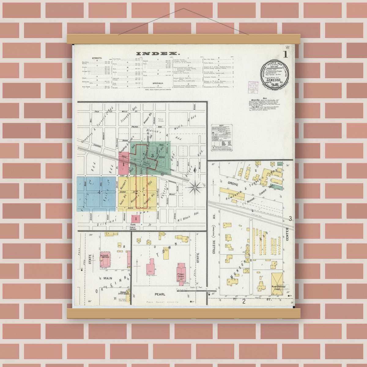 Old map wall art mockup — magnetic wood frame on brick wall — Sanborn Fire Insurance Map from Geneseo, Henry County, Illinois (1901) - Complete Map Set