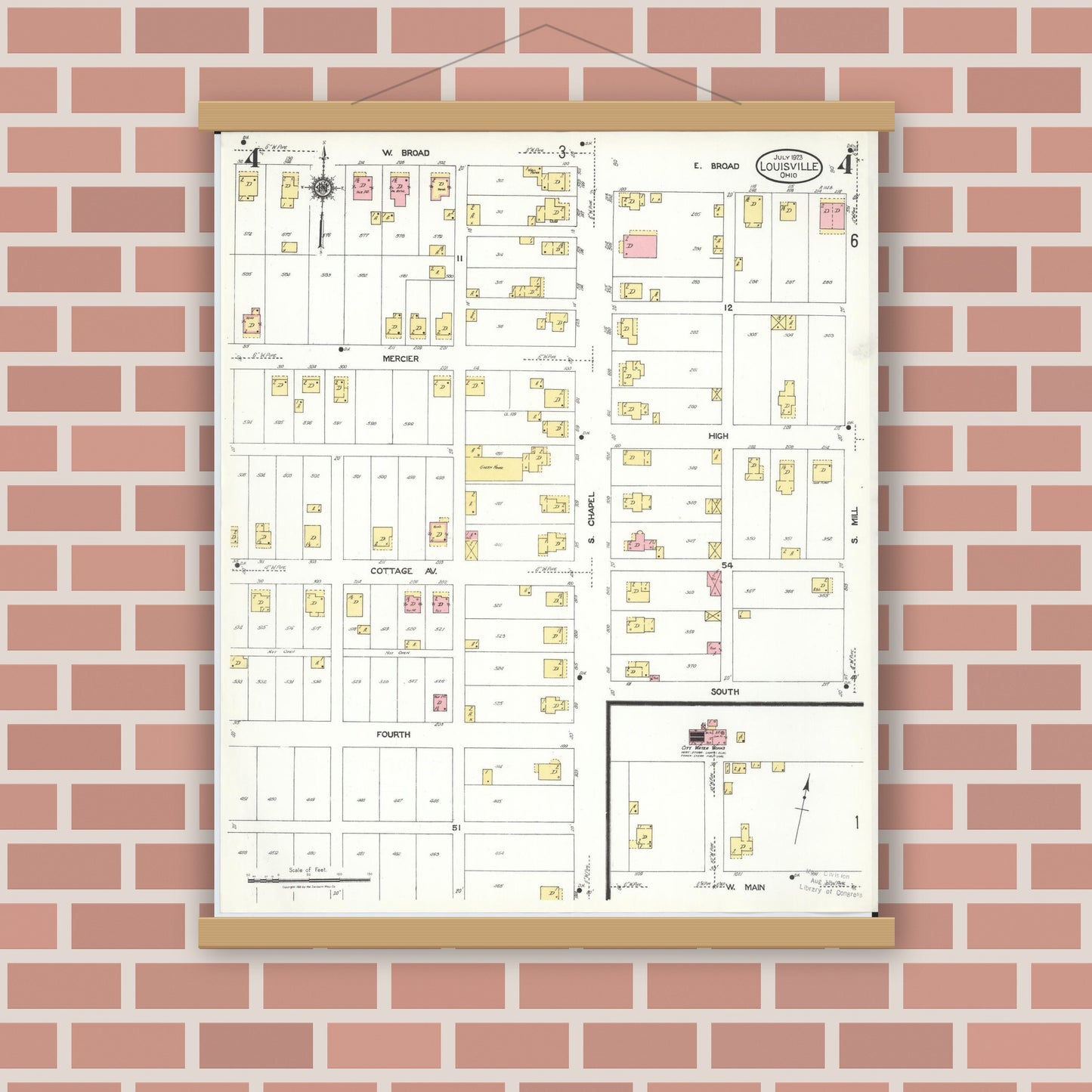 Old map wall art mockup — magnetic wood frame on brick wall — Sanborn Fire Insurance Map from Louisville, Stark County, Ohio (1923), Sheet #0004