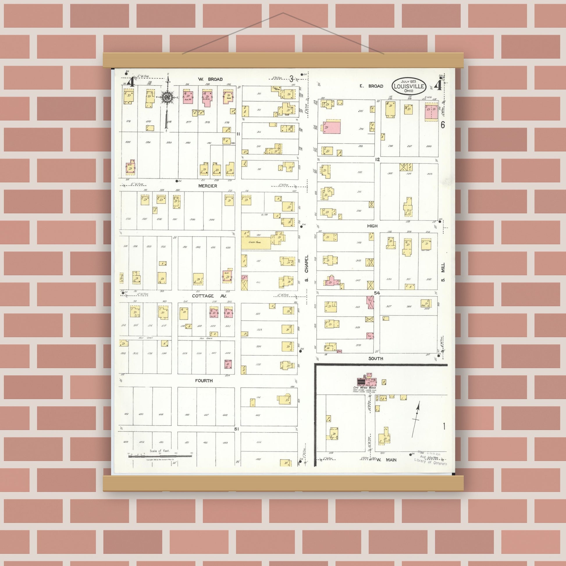 Old map wall art mockup — magnetic wood frame on brick wall — Sanborn Fire Insurance Map from Louisville, Stark County, Ohio (1923), Sheet #0004