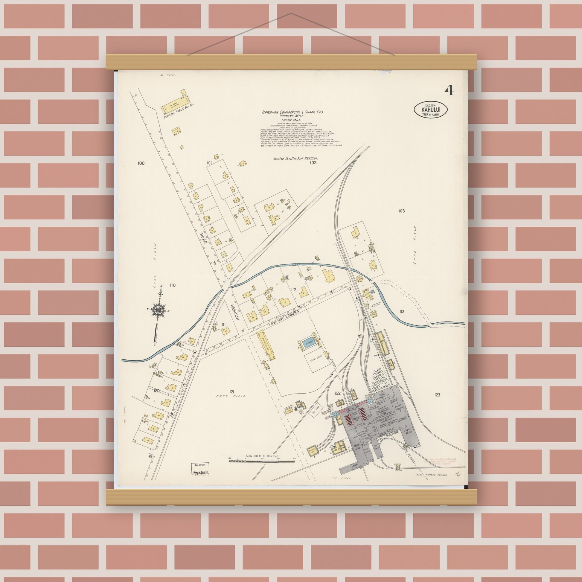 Old map wall art mockup — magnetic wood frame on brick wall — Sanborn Fire Insurance Map from Kahului, Maui County, Hawaii (1914), Sheet #0004