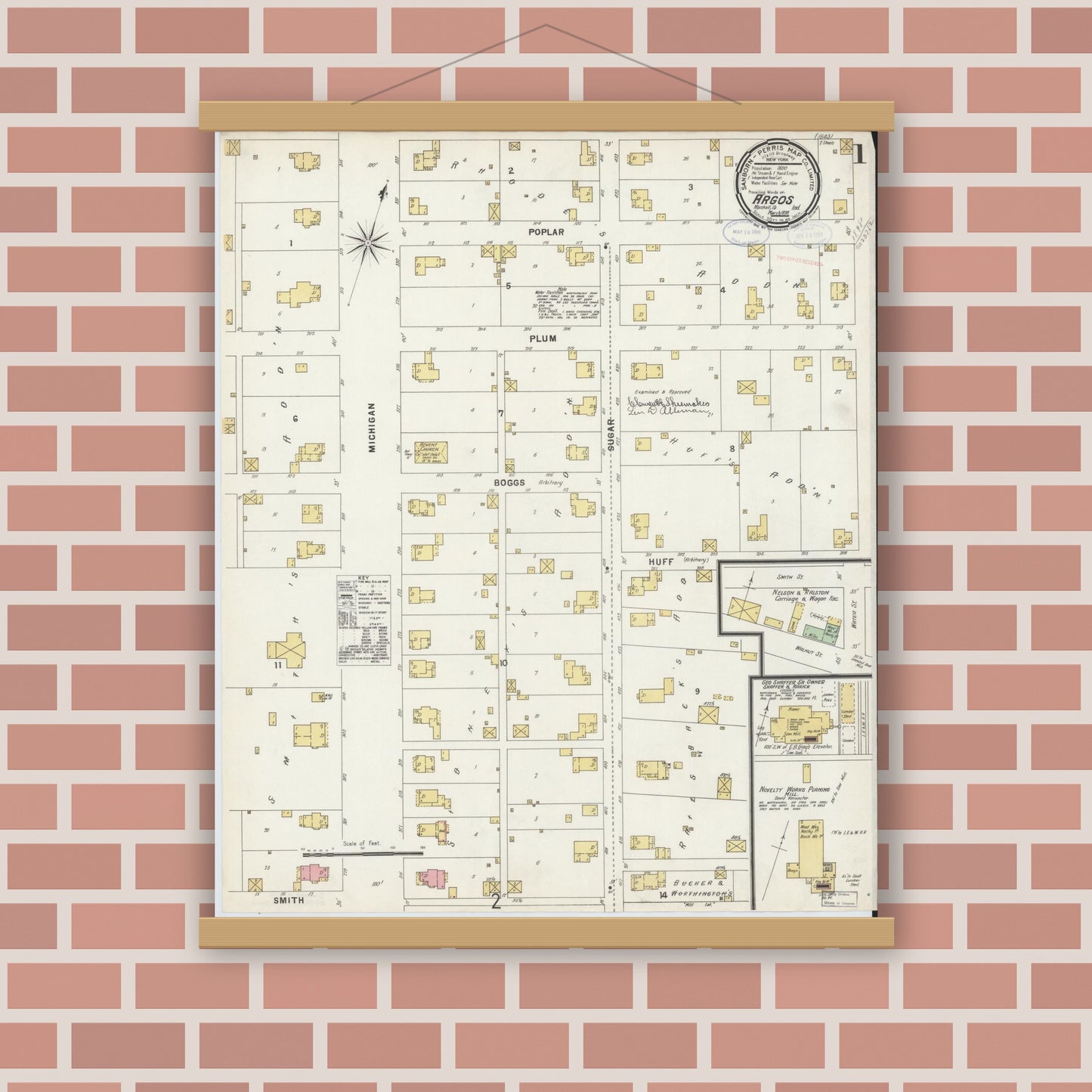 Old map wall art mockup — magnetic wood frame on brick wall — Sanborn Fire Insurance Map from Argos, Marshall County, Indiana (1898), Sheet #0001