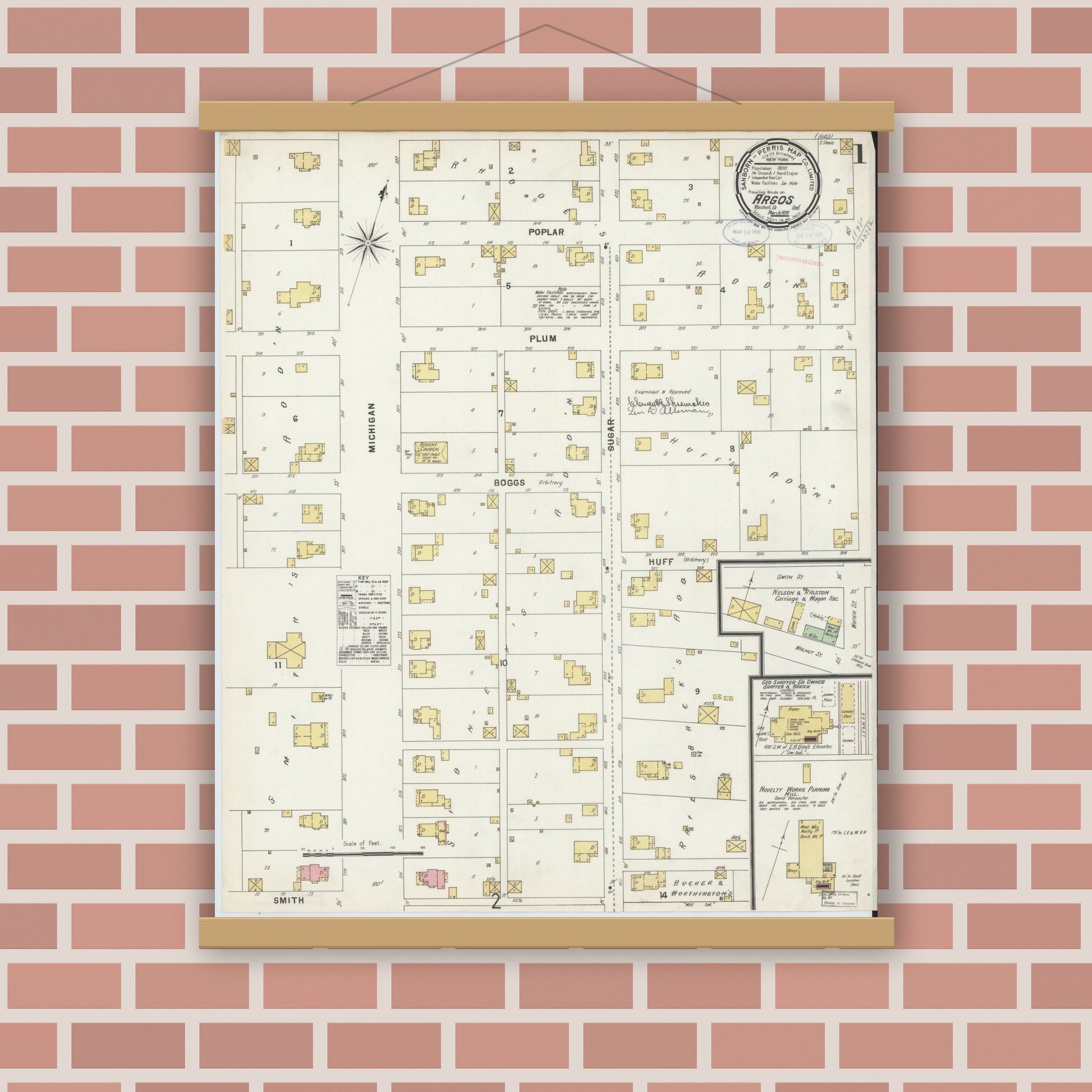Old map wall art mockup — magnetic wood frame on brick wall — Sanborn Fire Insurance Map from Argos, Marshall County, Indiana (1898), Sheet #0001