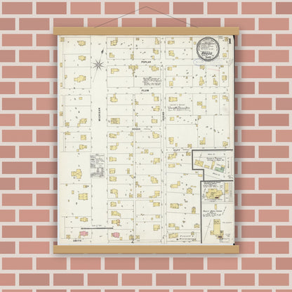 Old map wall art mockup — magnetic wood frame on brick wall — Sanborn Fire Insurance Map from Argos, Marshall County, Indiana (1898), Sheet #0001