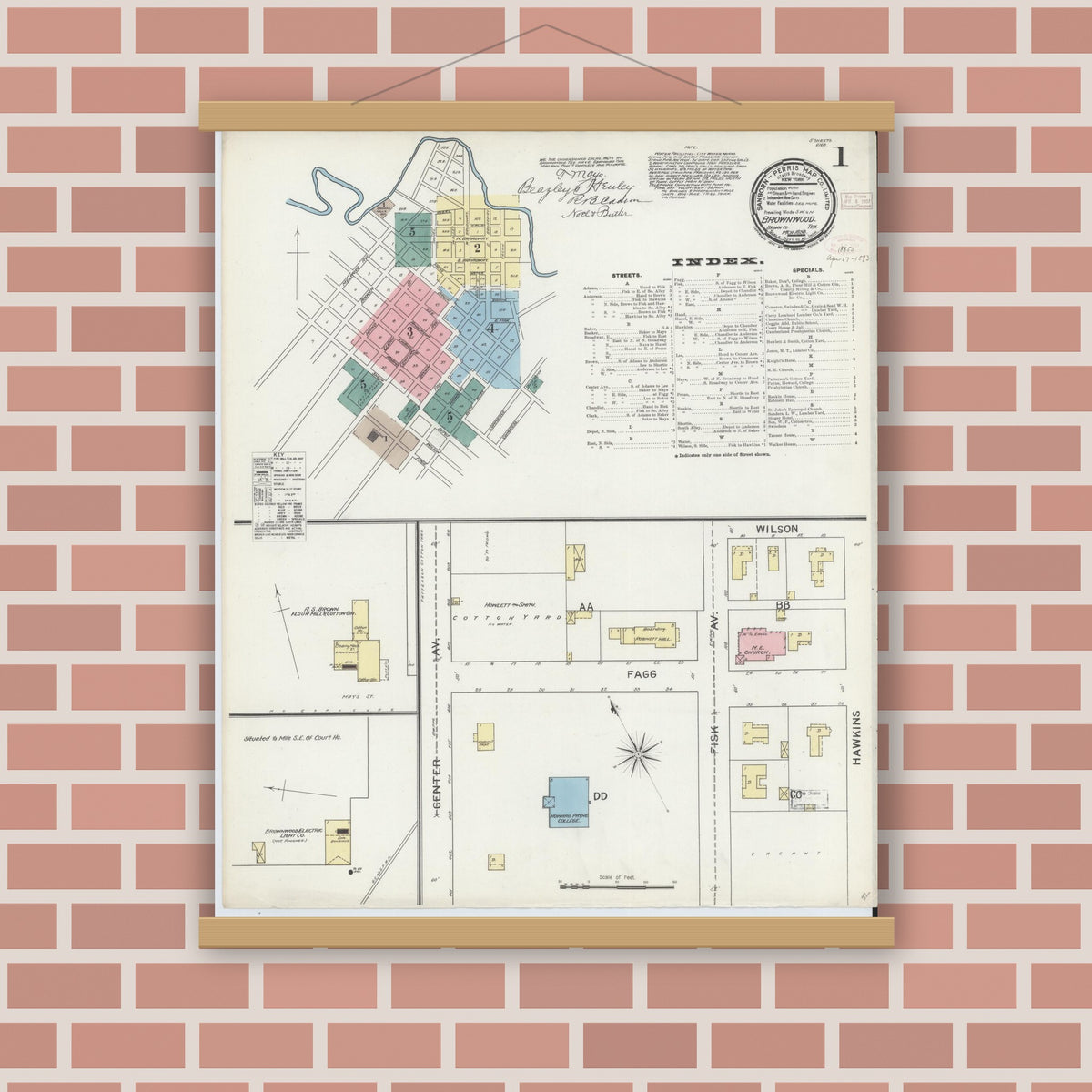 Old map wall art mockup — magnetic wood frame on brick wall — Sanborn Fire Insurance Map from Brownwood, Brown County, Texas (1893) - Complete Map Set