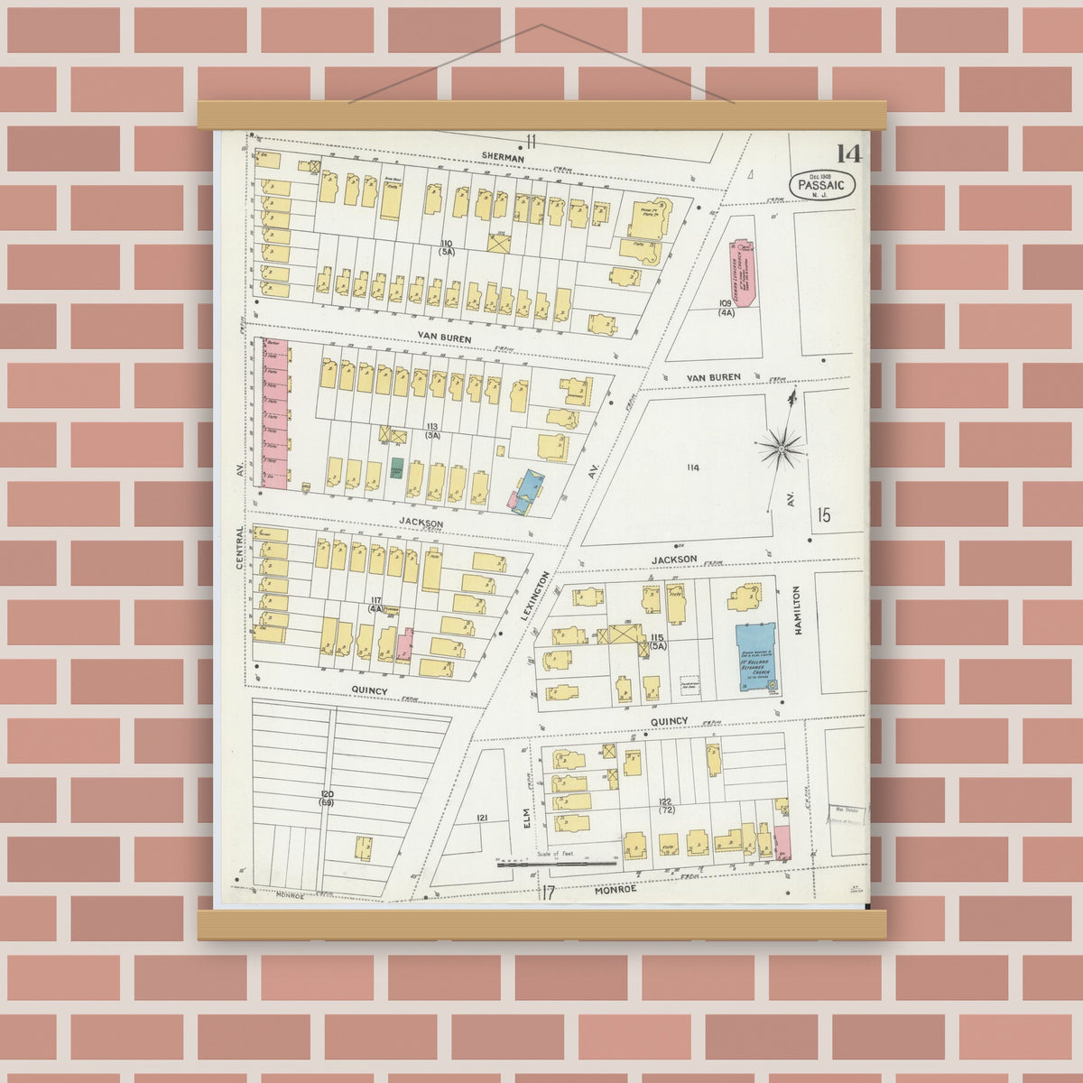 Old map wall art mockup — magnetic wood frame on brick wall — Sanborn Fire Insurance Map from Passaic, Passaic County, New Jersey (1903), Sheet #0014