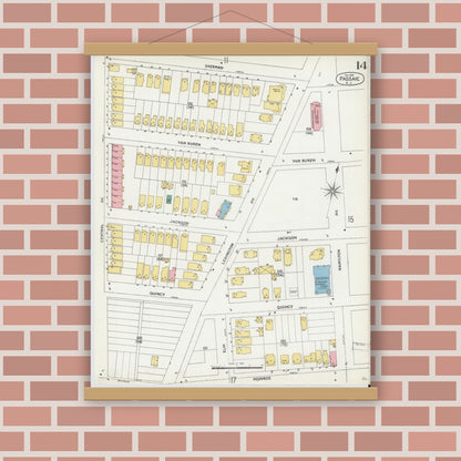 Old map wall art mockup — magnetic wood frame on brick wall — Sanborn Fire Insurance Map from Passaic, Passaic County, New Jersey (1903), Sheet #0014