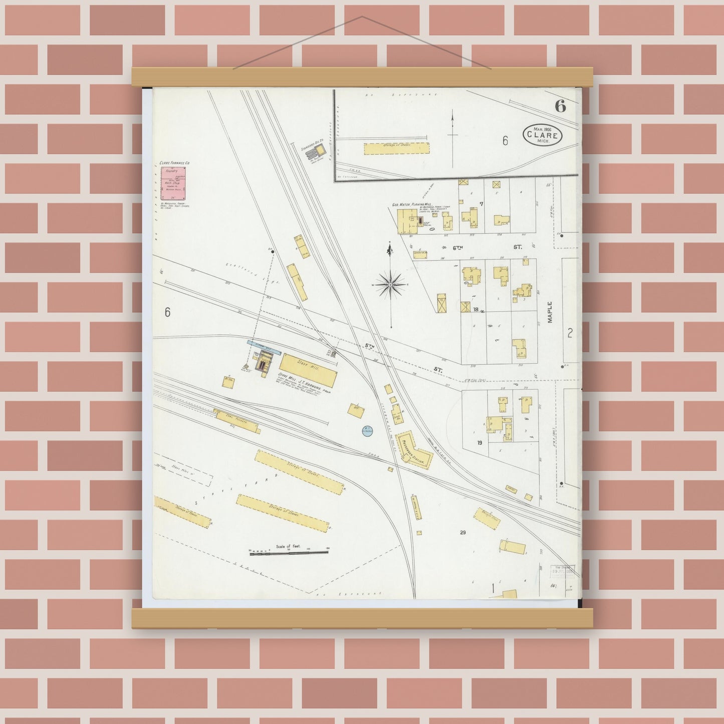 Old map wall art mockup — magnetic wood frame on brick wall — Sanborn Fire Insurance Map from Clare, Clare County, Michigan (1906), Sheet #0006