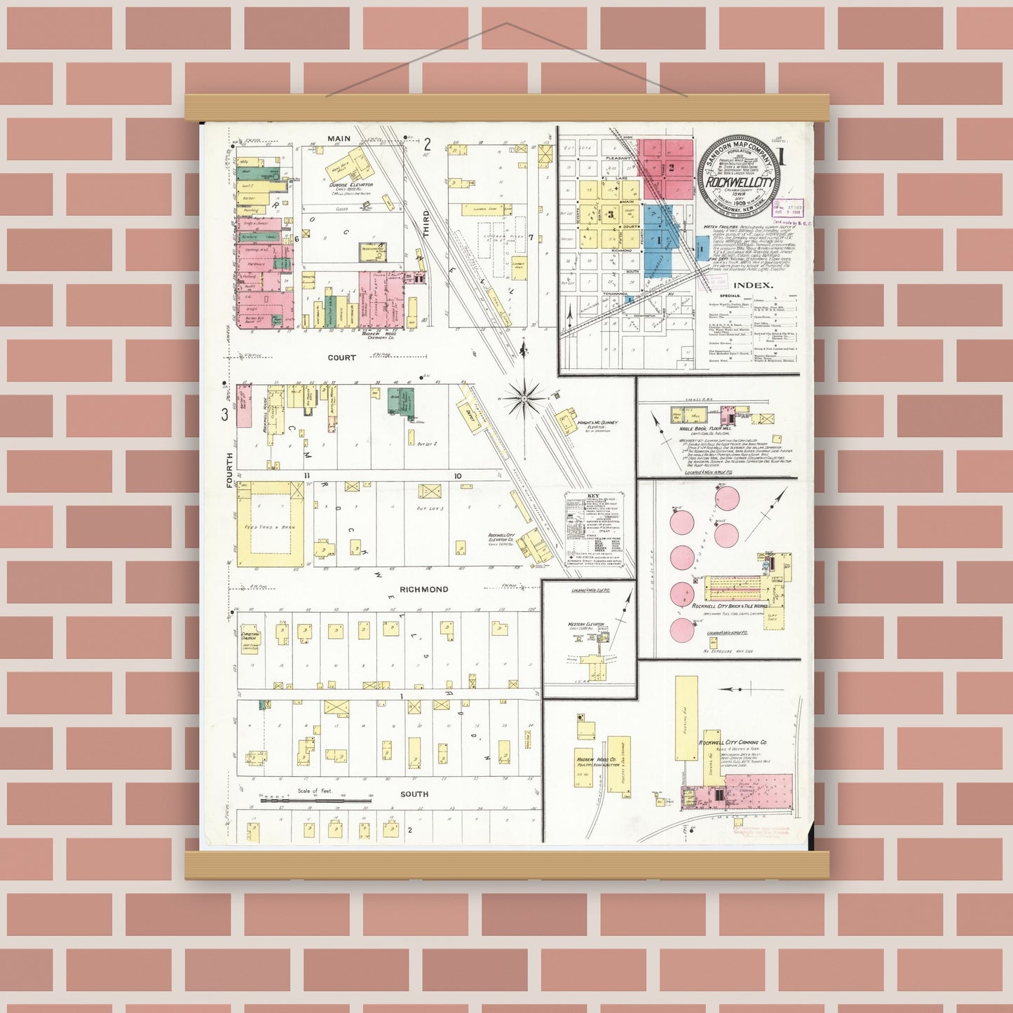 Old map wall art mockup — magnetic wood frame on brick wall — Sanborn Fire Insurance Map from Rockwell City, Calhoun County, Iowa (1909), Sheet #0001