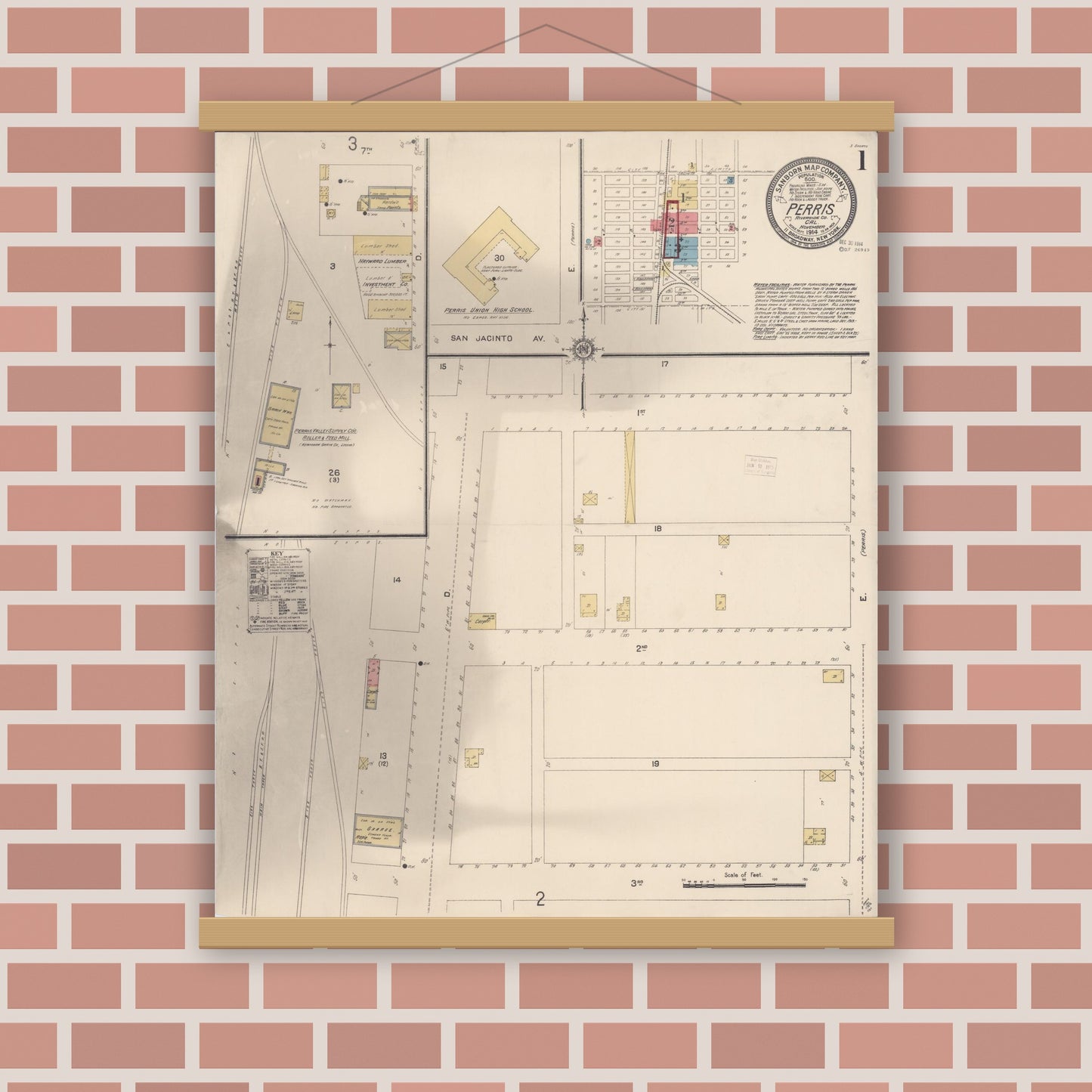 Old map wall art mockup — magnetic wood frame on brick wall — Sanborn Fire Insurance Map from Perris, Riverside County, California (1914) - Complete Map Set