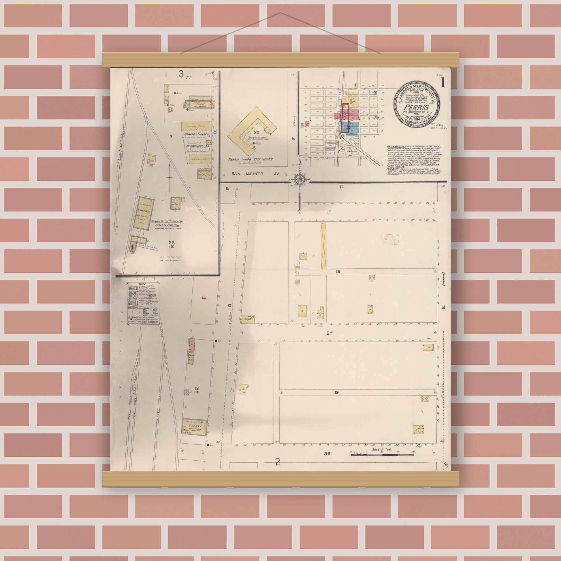 Old map wall art mockup — magnetic wood frame on brick wall — Sanborn Fire Insurance Map from Perris, Riverside County, California (1914) - Complete Map Set
