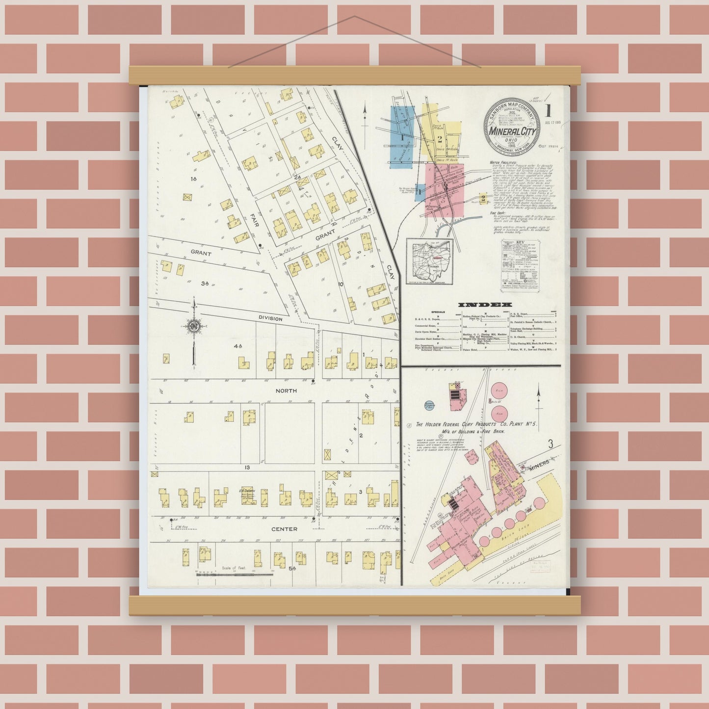 Old map wall art mockup — magnetic wood frame on brick wall — Sanborn Fire Insurance Map from Mineral City, Tuscarawas County, Ohio (1915), Sheet #0001