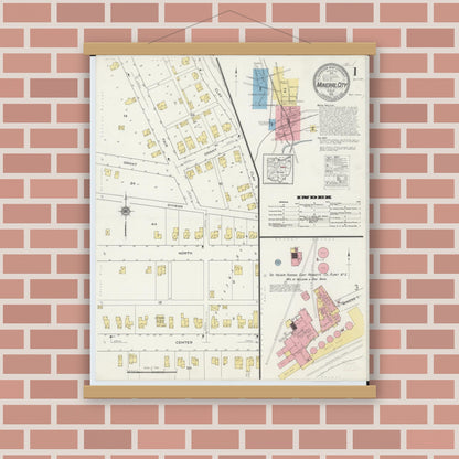 Old map wall art mockup — magnetic wood frame on brick wall — Sanborn Fire Insurance Map from Mineral City, Tuscarawas County, Ohio (1915), Sheet #0001