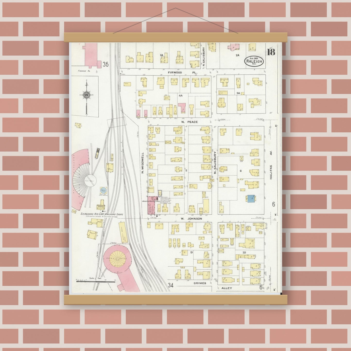 Old map wall art mockup — magnetic wood frame on brick wall — Sanborn Fire Insurance Map from Raleigh, Wake County, North Carolina (1909), Sheet #0018