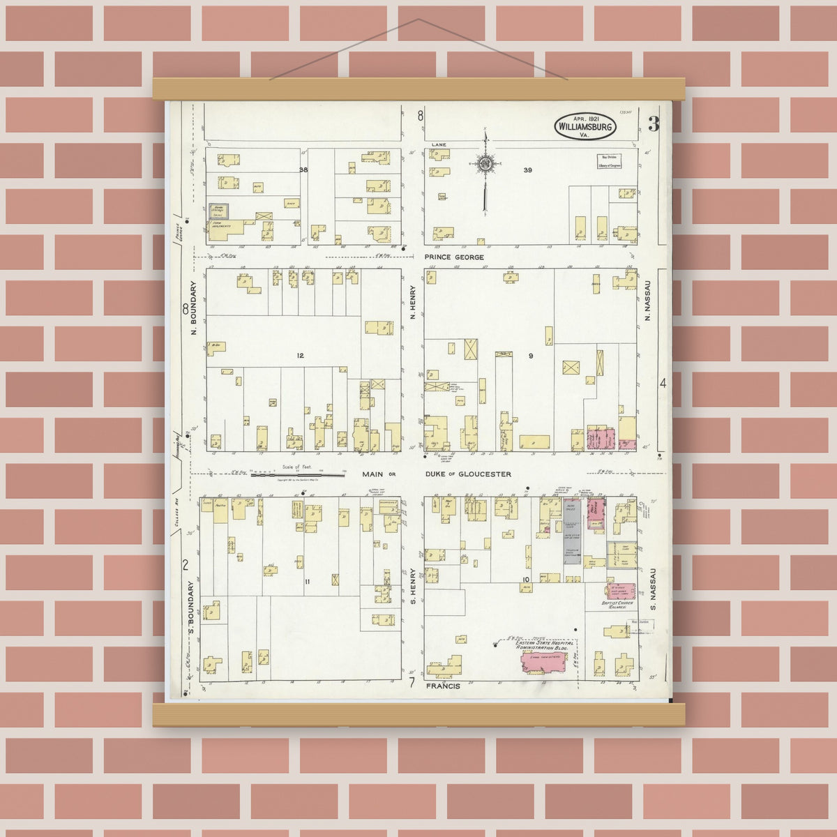 Old map wall art mockup — magnetic wood frame on brick wall — Sanborn Fire Insurance Map from Williamsburg, Independent Cities, Virginia (1921), Sheet #0003