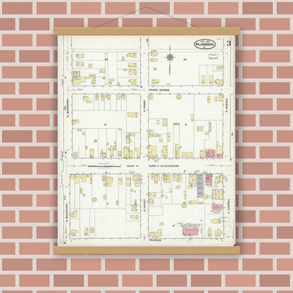 Old map wall art mockup — magnetic wood frame on brick wall — Sanborn Fire Insurance Map from Williamsburg, Independent Cities, Virginia (1921), Sheet #0003