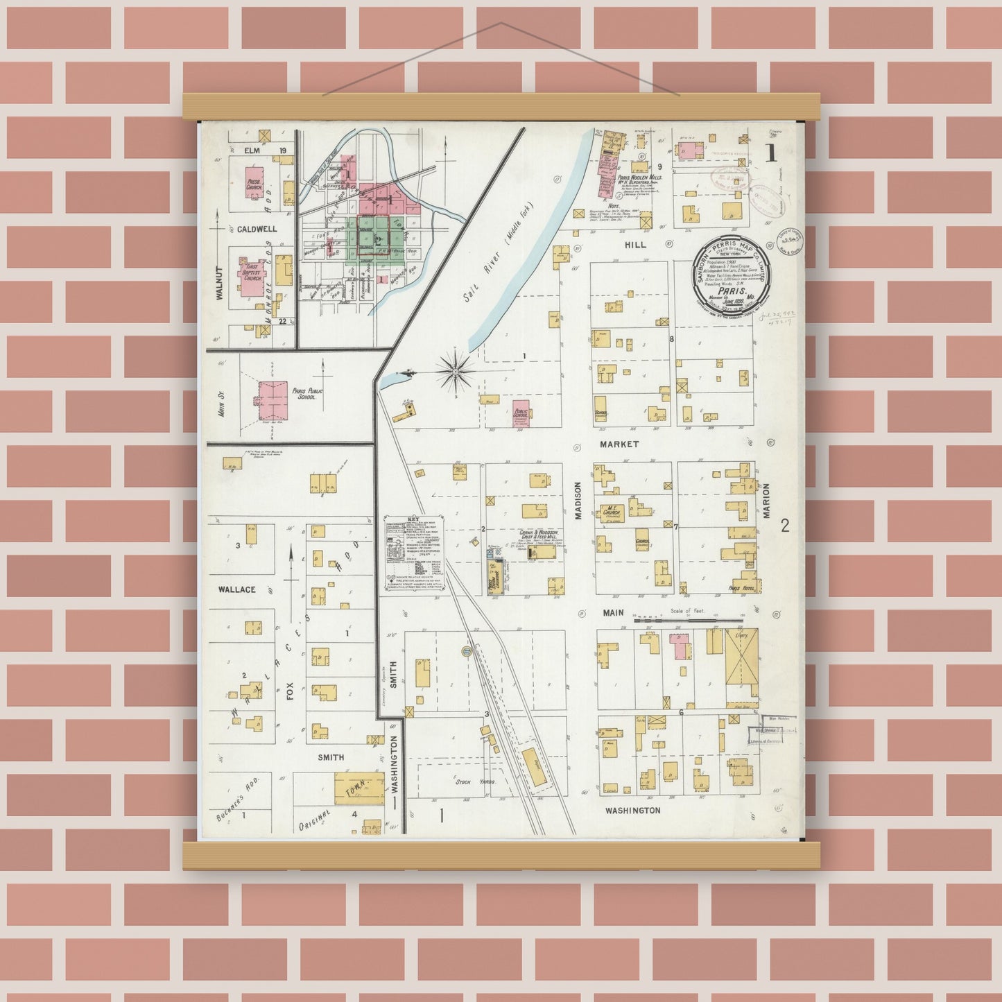 Old map wall art mockup — magnetic wood frame on brick wall — Sanborn Fire Insurance Map from Paris, Monroe County, Missouri (1899) - Complete Map Set