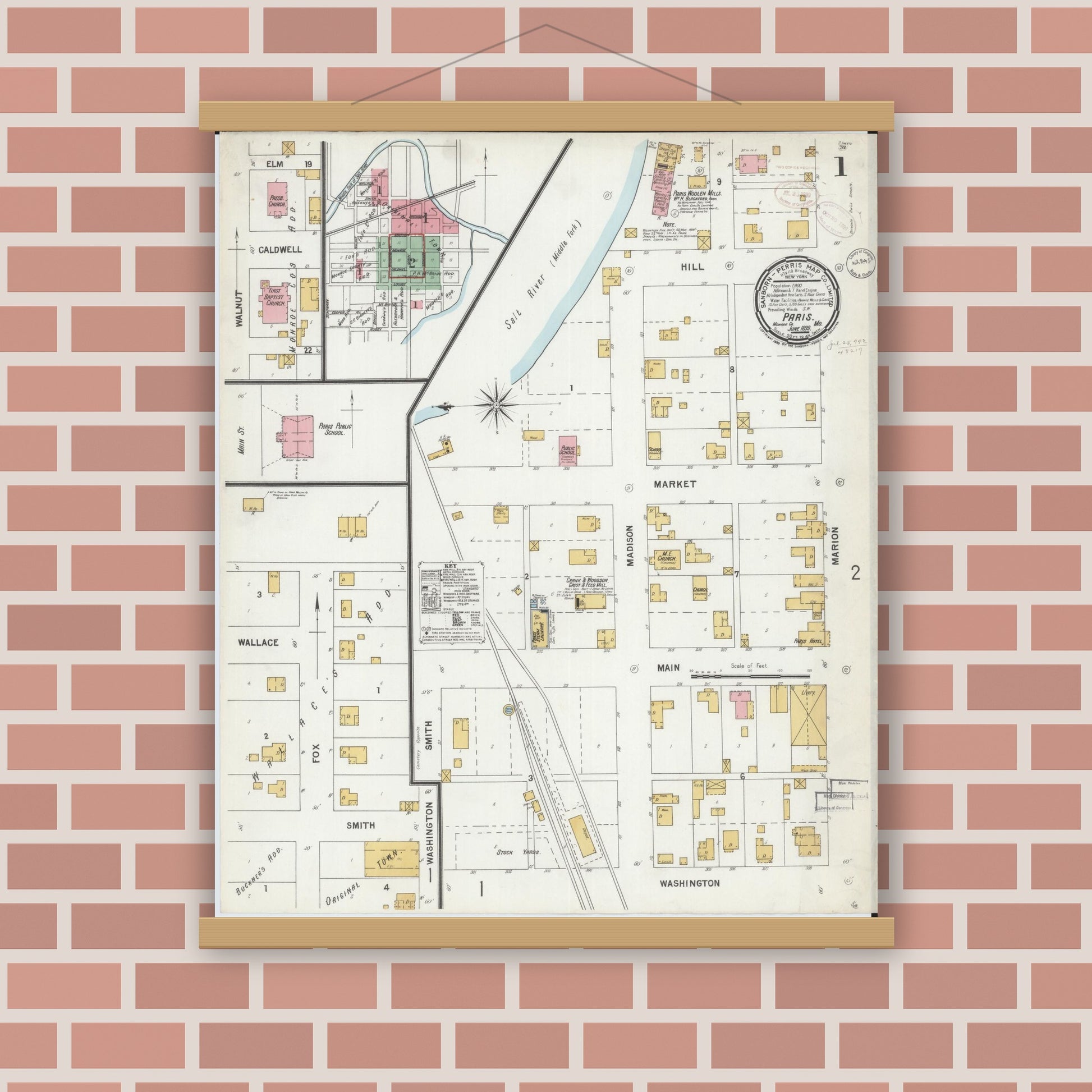 Old map wall art mockup — magnetic wood frame on brick wall — Sanborn Fire Insurance Map from Paris, Monroe County, Missouri (1899) - Complete Map Set