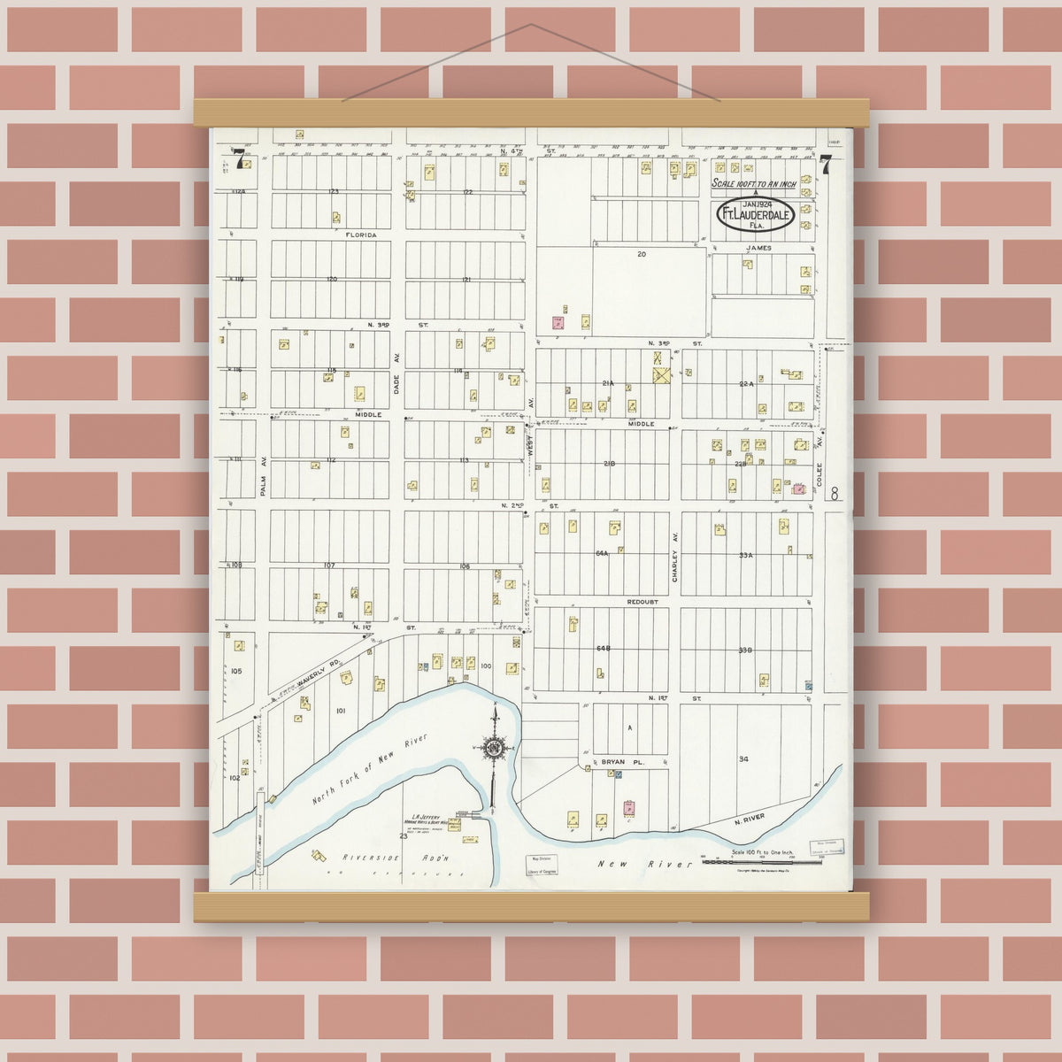 Old map wall art mockup — magnetic wood frame on brick wall — Sanborn Fire Insurance Map from Fort Lauderdale, Broward County, Florida (1924), Sheet #0007