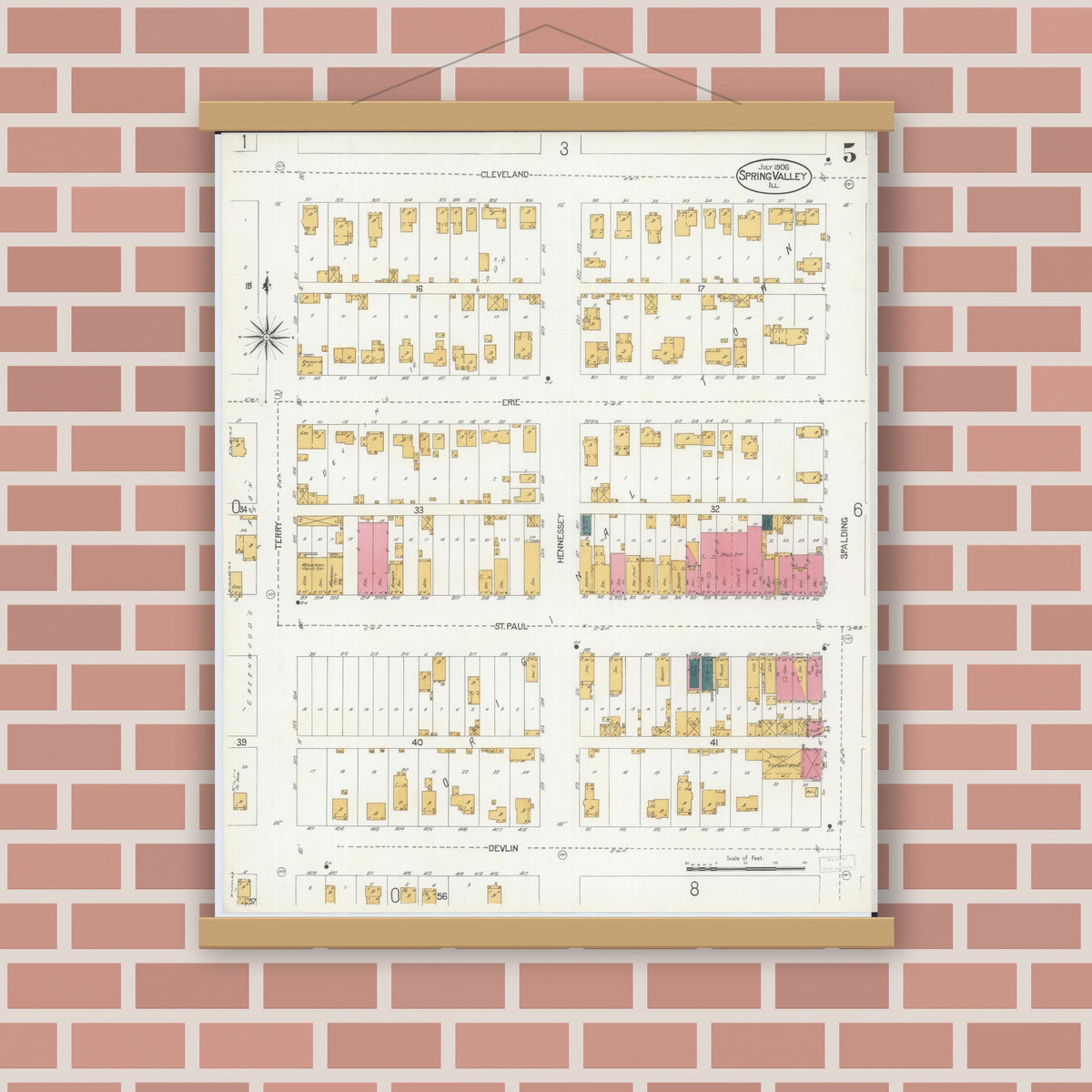 Old map wall art mockup — magnetic wood frame on brick wall — Sanborn Fire Insurance Map from Spring Valley, Bureau County, Illinois (1906), Sheet #0005