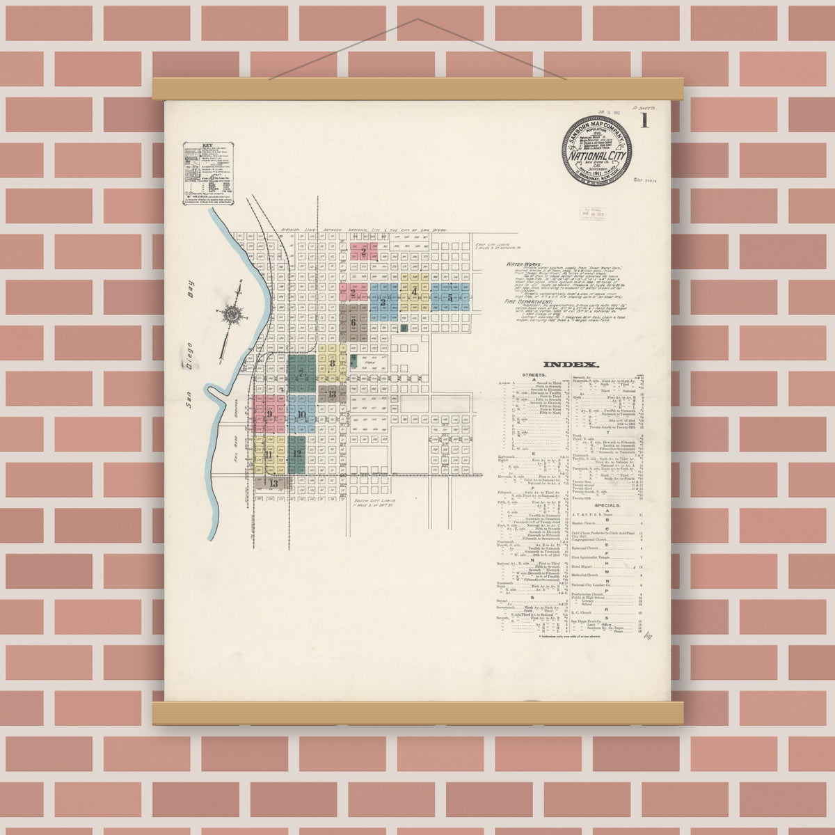 Old map wall art mockup — magnetic wood frame on brick wall — Sanborn Fire Insurance Map from National City, San Diego County, California (1911), Sheet #0001