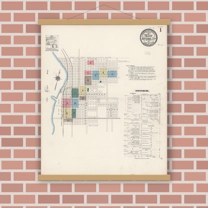 Old map wall art mockup — magnetic wood frame on brick wall — Sanborn Fire Insurance Map from National City, San Diego County, California (1911), Sheet #0001