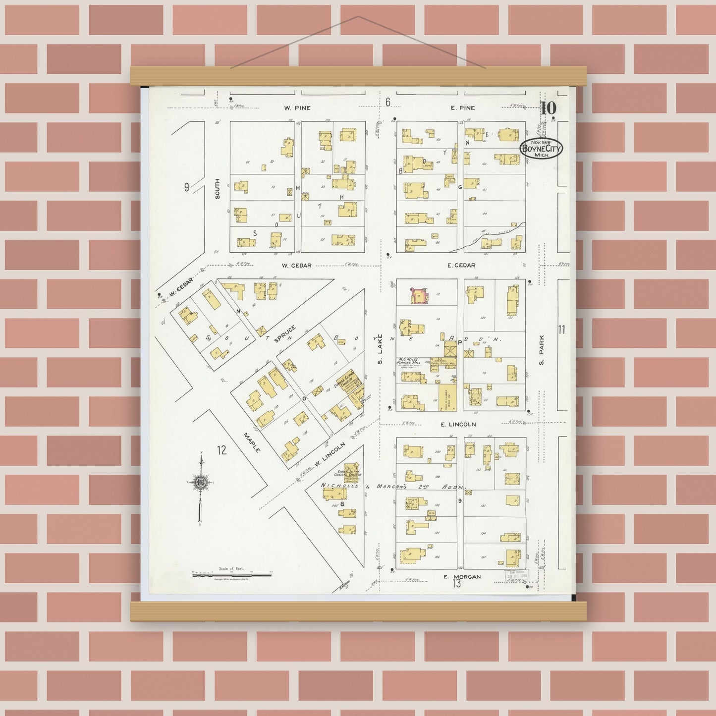 Old map wall art mockup — magnetic wood frame on brick wall — Sanborn Fire Insurance Map from Boyne City, Charlevoix County, Michigan (1919), Sheet #0010