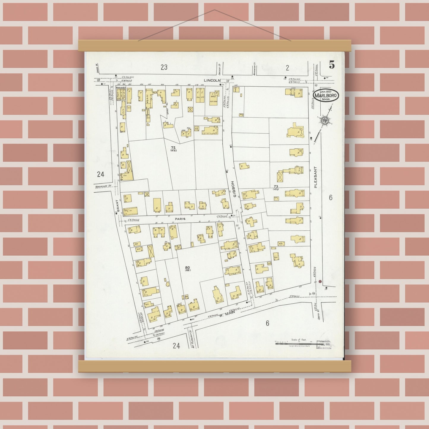 Old map wall art mockup — magnetic wood frame on brick wall — Sanborn Fire Insurance Map from Marlborough, Middlesex County, Massachusetts (1920), Sheet #0005