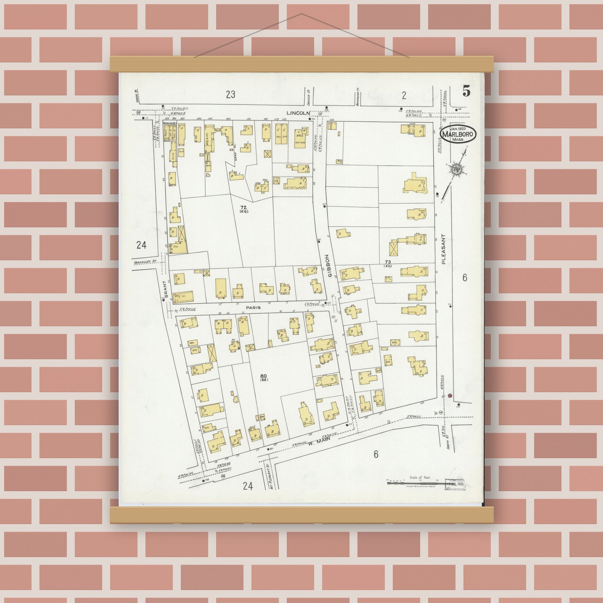 Old map wall art mockup — magnetic wood frame on brick wall — Sanborn Fire Insurance Map from Marlborough, Middlesex County, Massachusetts (1920), Sheet #0005