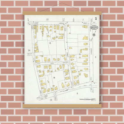 Old map wall art mockup — magnetic wood frame on brick wall — Sanborn Fire Insurance Map from Marlborough, Middlesex County, Massachusetts (1920), Sheet #0005