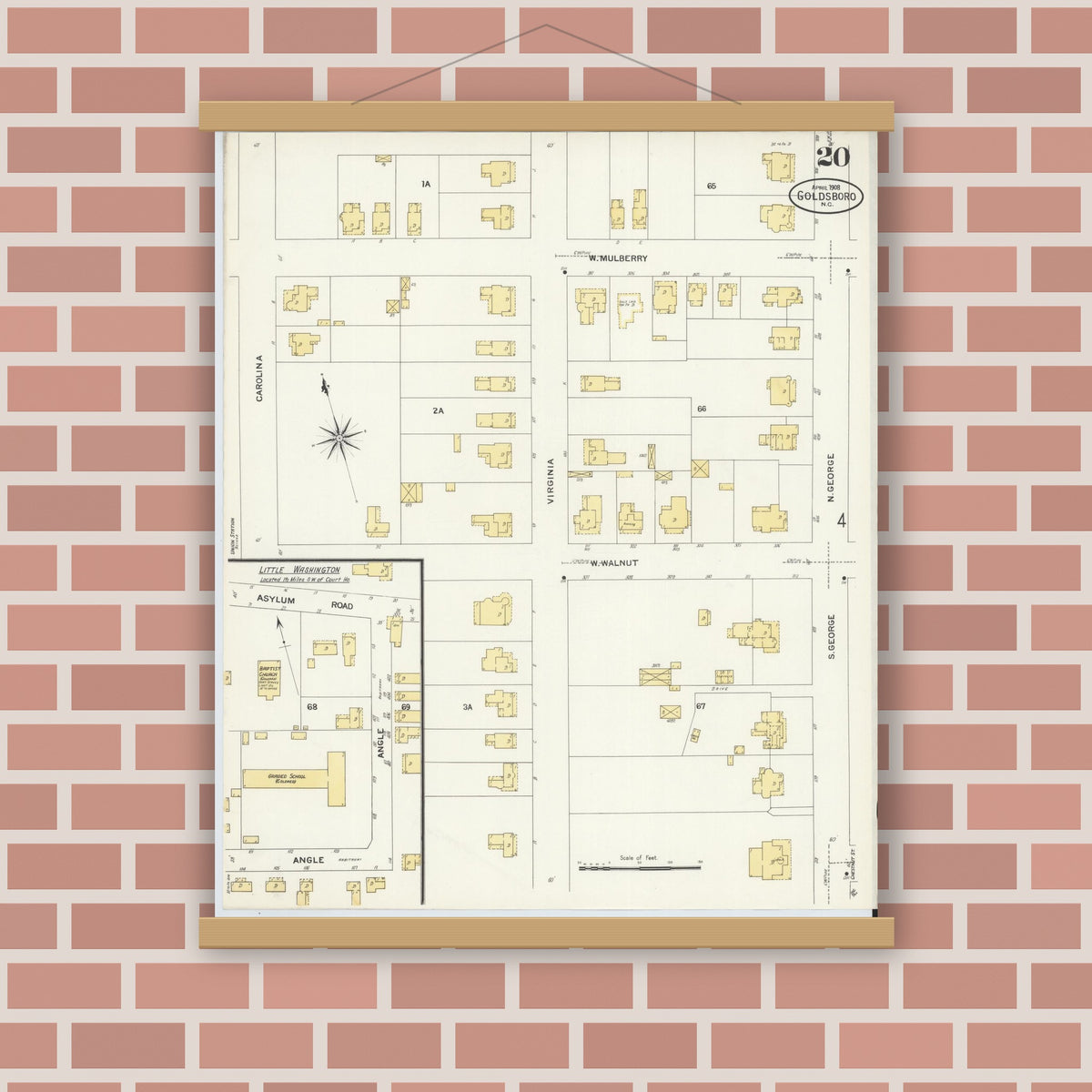 Old map wall art mockup — magnetic wood frame on brick wall — Sanborn Fire Insurance Map from Goldsboro, Wayne County, North Carolina (1908), Sheet #0020