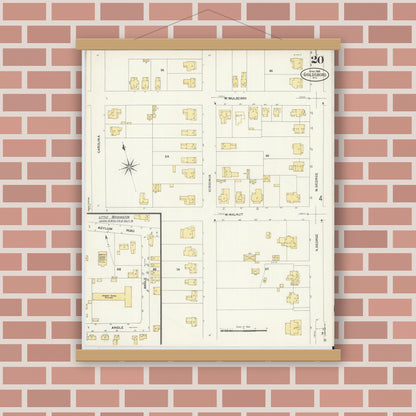 Old map wall art mockup — magnetic wood frame on brick wall — Sanborn Fire Insurance Map from Goldsboro, Wayne County, North Carolina (1908), Sheet #0020