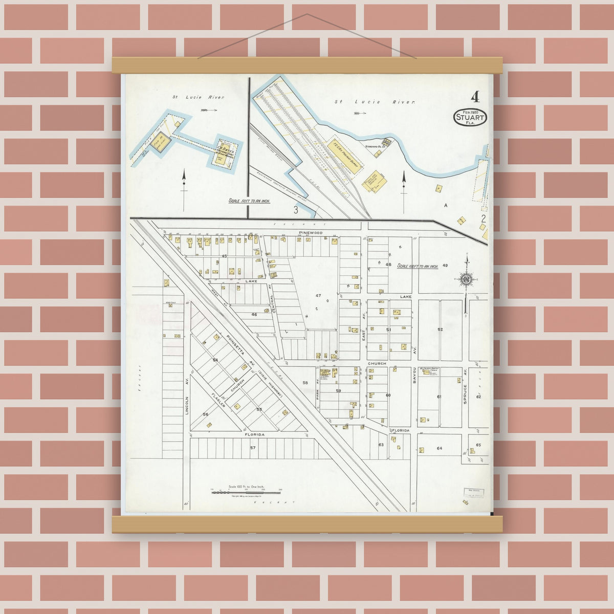 Old map wall art mockup — magnetic wood frame on brick wall — Sanborn Fire Insurance Map from Stuart, Martin County, Florida (1920), Sheet #0004