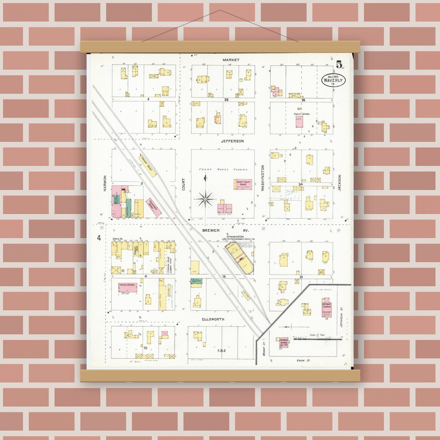Old map wall art mockup — magnetic wood frame on brick wall — Sanborn Fire Insurance Map from Waverly, Bremer County, Iowa (1905), Sheet #0005